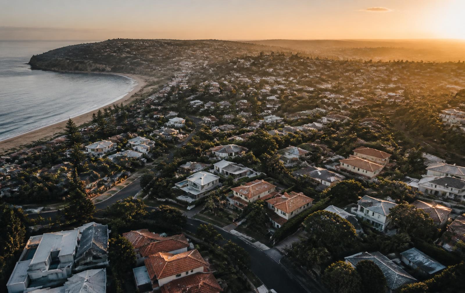 Aerial view of an Australian coastal suburb at dusk