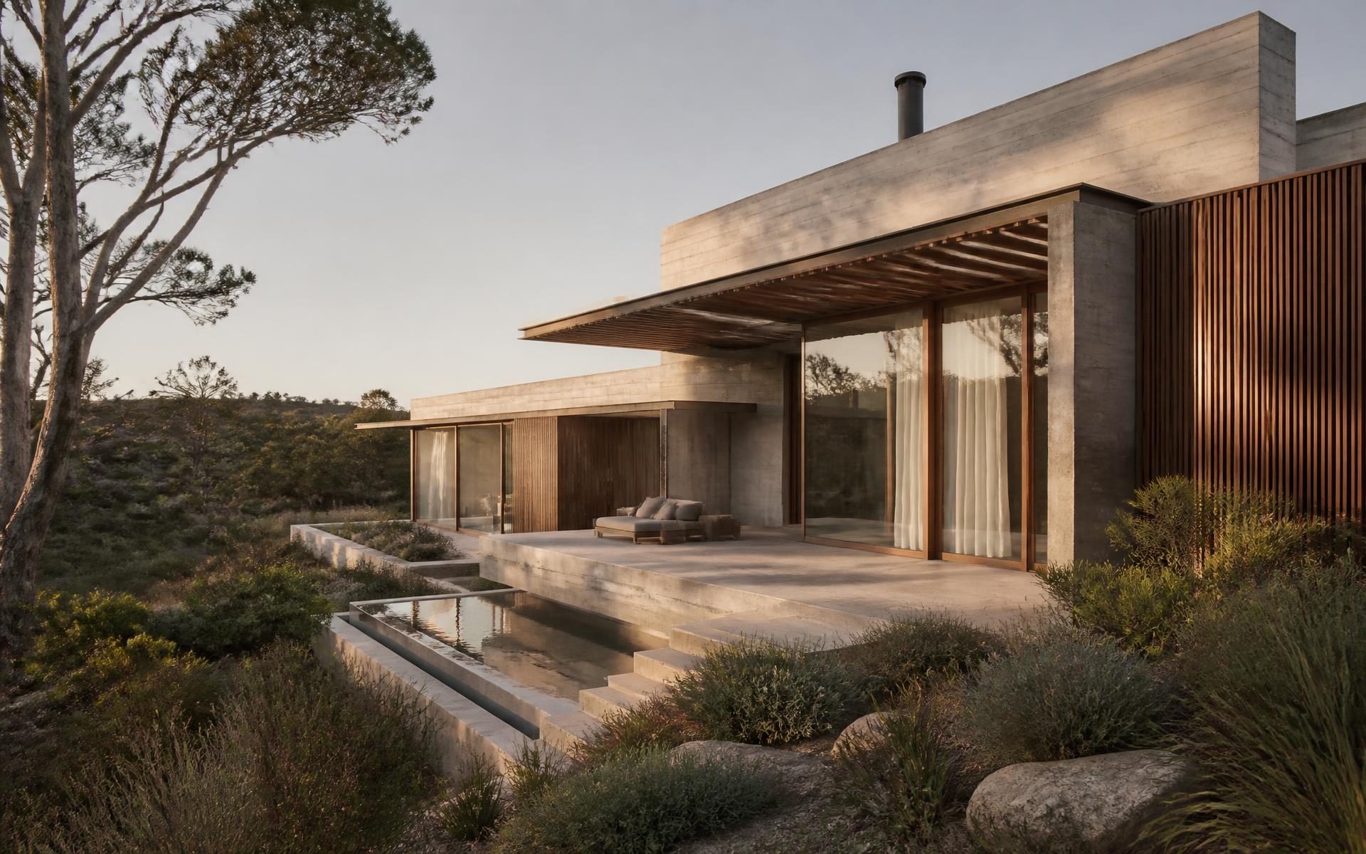 Concrete, timber and glass Australian home in early morning light